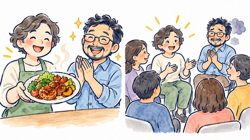 手料理を喜んでもらう場面と、集まりで楽しそうに会話する人たちを描いたイラスト