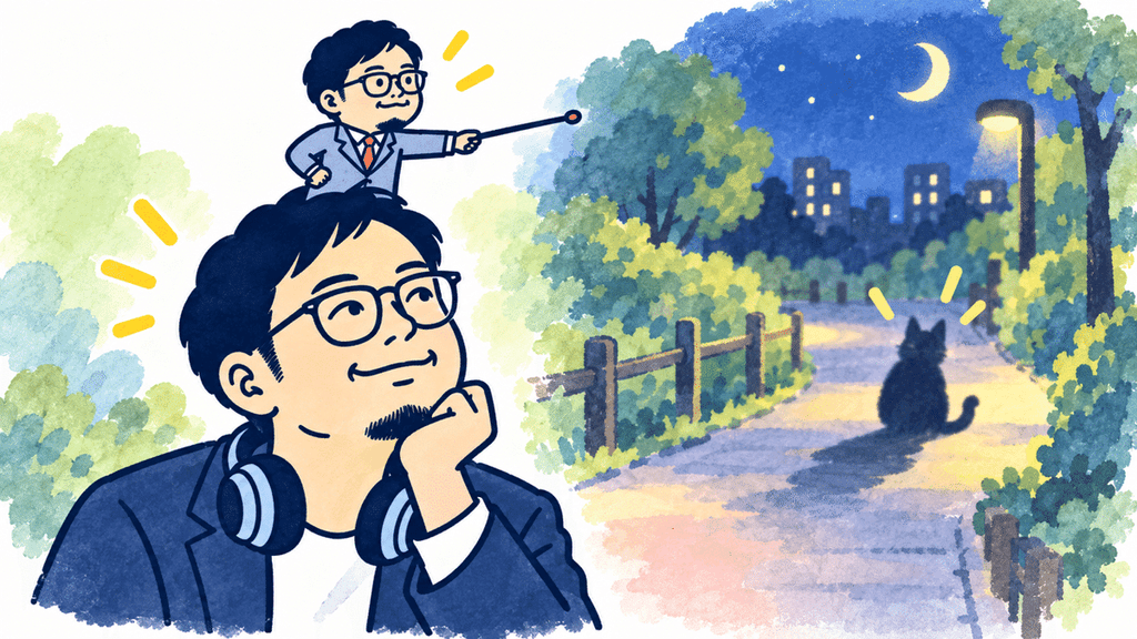 夜道にいる黒猫を思い浮かべながら、物事の見え方について考える男性のイラスト