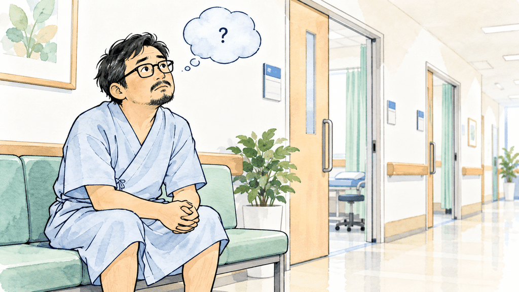 病院の待合室で椅子に座り、人生について考える男性のイラスト