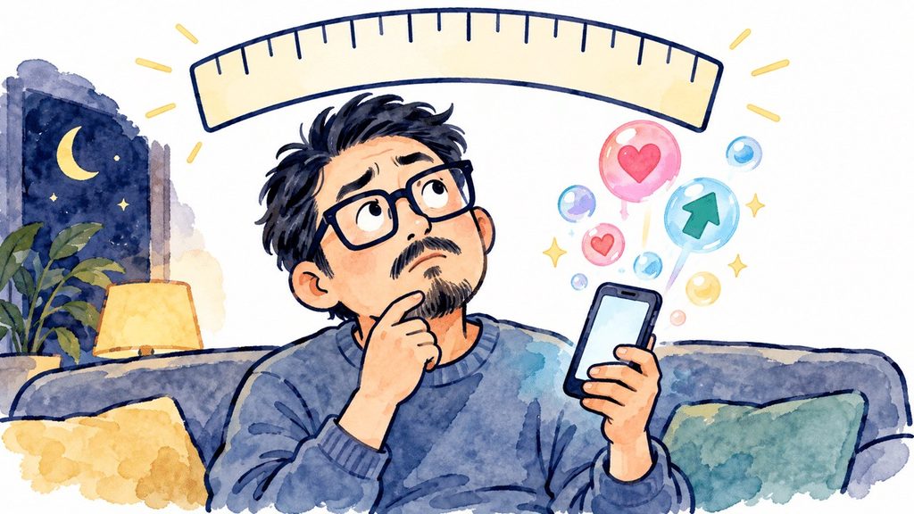 夜の部屋でスマートフォンを持ち、自分にとって大切なことを考える眼鏡の男性のイラスト