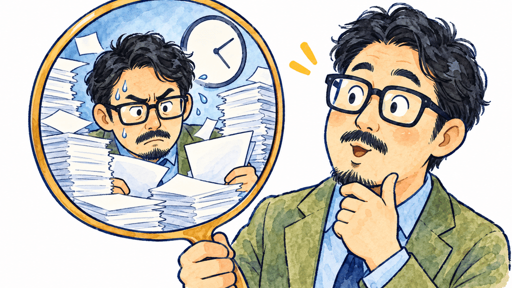 大量の書類に追われていた過去の自分を、虫眼鏡で振り返る男性のイラスト