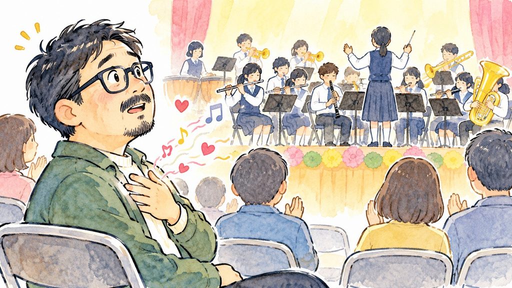 文化祭の吹奏楽演奏を客席で聴き、胸に手を当てて感動する父親のイラスト