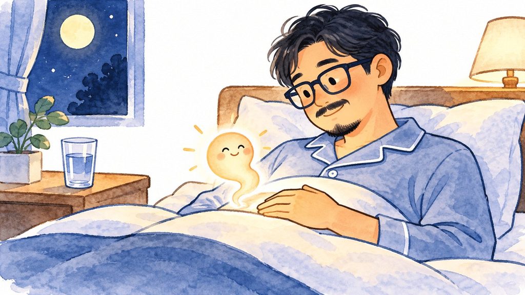 夜、ベッドで布団をかけて休む眼鏡の男性と、枕元の水の入ったコップ、身体の回復を象徴する小さなキャラクターのイラスト