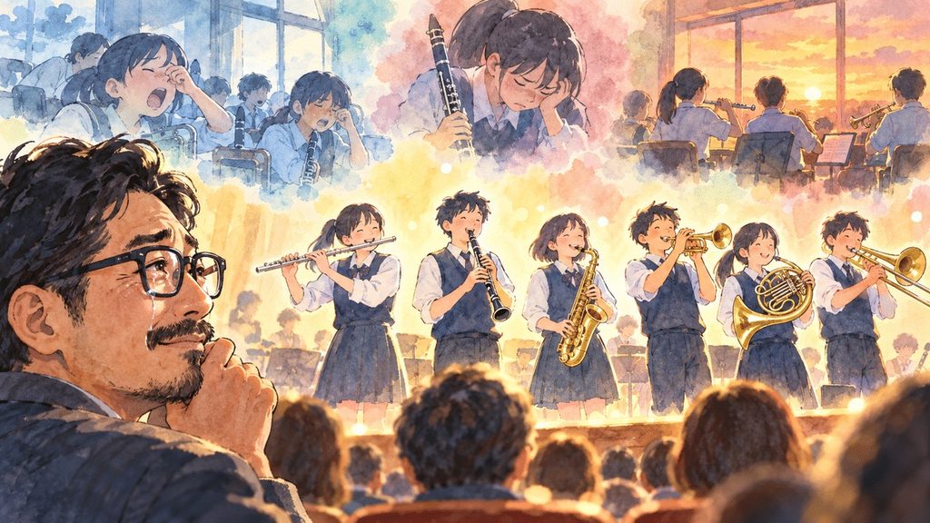吹奏楽部の生徒たちが練習や葛藤を経て文化祭の舞台で演奏する姿と、それを見守る父親のイラスト