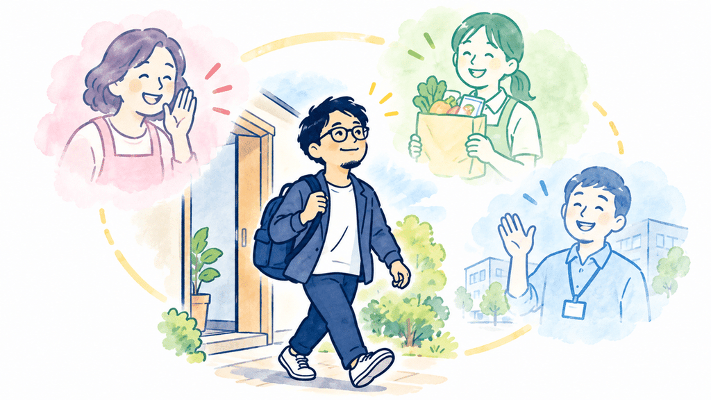 家族や買い物先の店員、支援者など、周囲の人に支えられながら日常生活を送る男性のイラスト