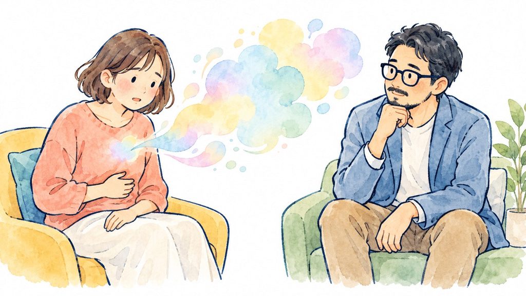 お腹に手を当てて体調について話す女性と、椅子に座って真剣に話を聞く眼鏡の男性相談支援専門員のイラスト