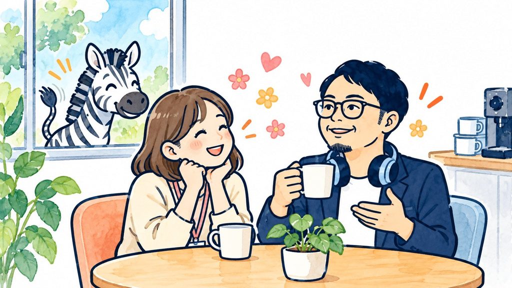 カフェのような場所で、コーヒーを飲みながら女性と笑顔で会話する男性のイラスト