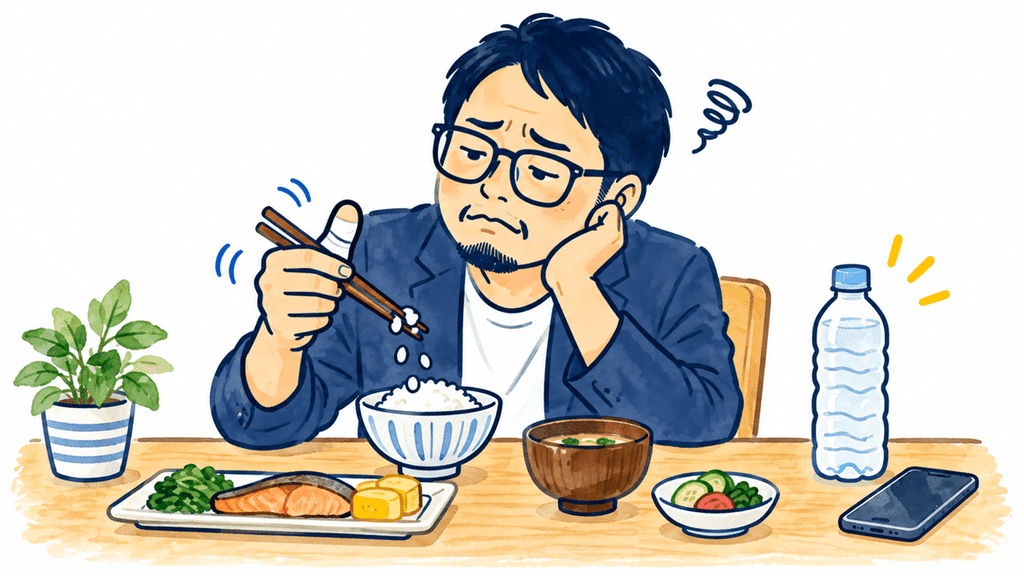 親指の突き指による痛みで、箸を使った食事に苦労する男性のイラスト