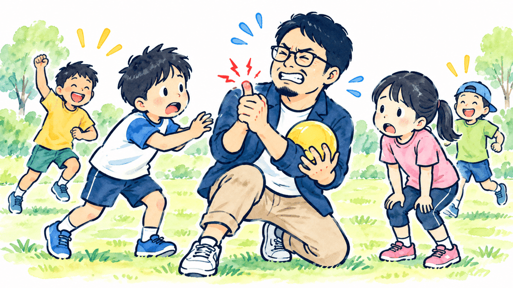 ドッジボール中に親指を突き指し、痛がる男性と周囲の子どもたちのイラスト