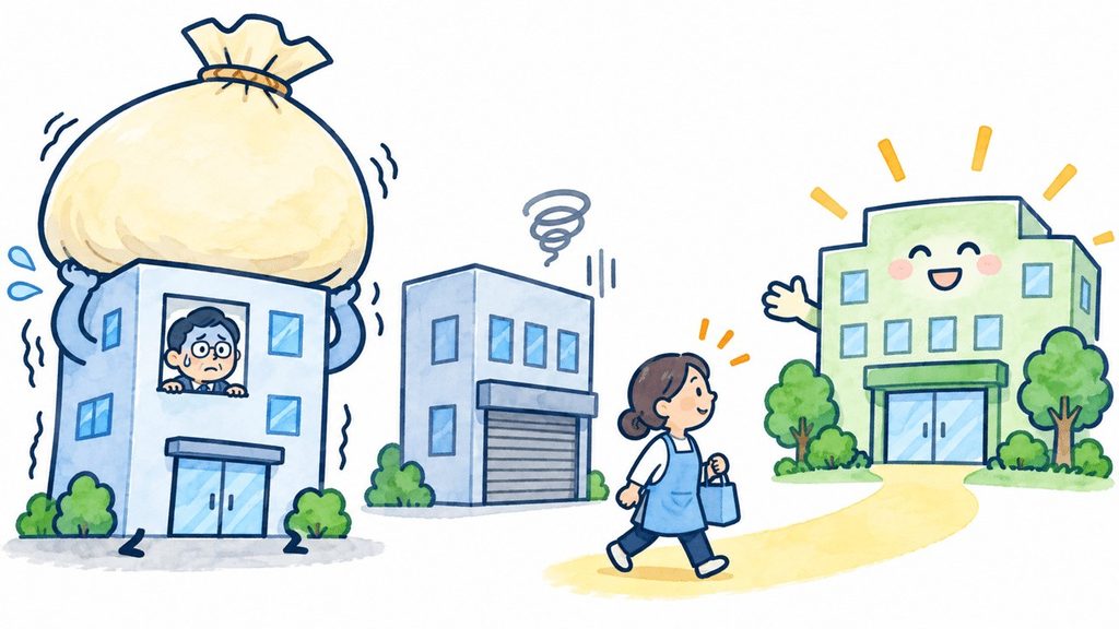 経営負担を抱えるA型事業所と、別の就労支援事業所へ向かう利用者を描いたイラスト