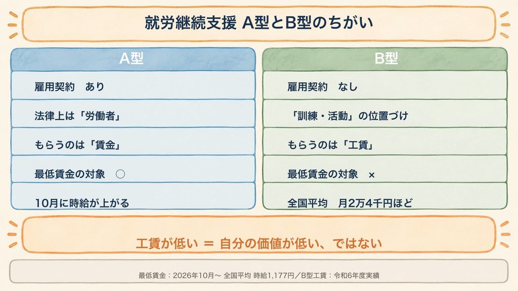 就労継続支援A型とB型の違いを比較した表。A型は雇用契約があり最低賃金が適用され、B型は原則として雇用契約がなく工賃が支払われる