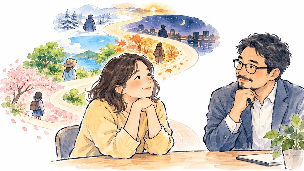 四季の風景と人生の道のりを背景に、相手の話に耳を傾けながら向き合う男女のイラスト