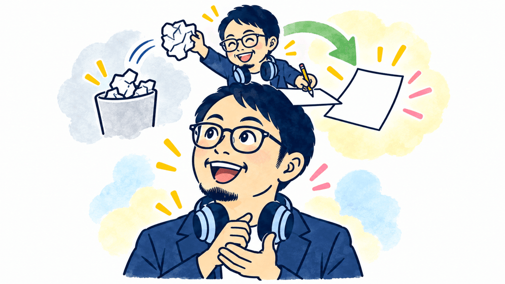 古い考えを捨て、新しい考え方を取り入れることに気づいた男性のイラスト