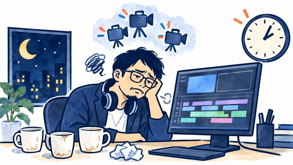 夜遅くまで動画編集を続け、パソコンの前で疲れた表情を浮かべる男性のイラスト