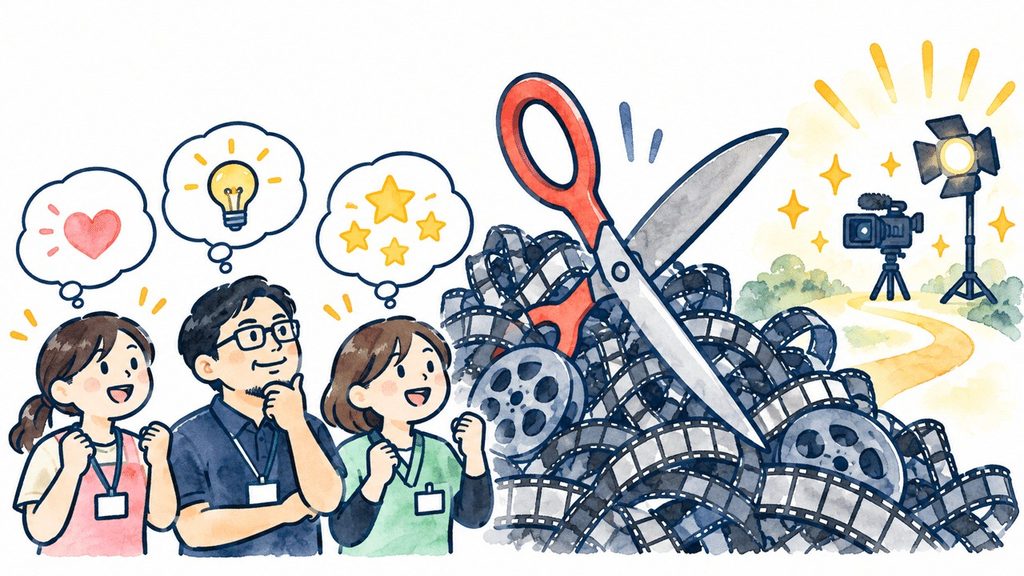 大きなハサミで大量の動画フィルムを切り分ける様子と、それを見守る3人のイラスト