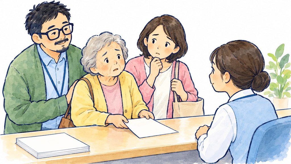 高齢女性と家族が、相談窓口で福祉サービスの申請について相談しているイラスト