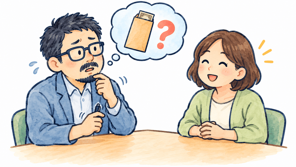 書類を手にした男性が、お金に関する疑問を女性に相談しているイラスト