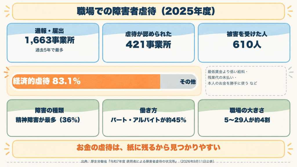2025年度の職場での障害者虐待の状況をまとめた図。虐待が認められた421事業所、被害者610人、経済的虐待83.1%